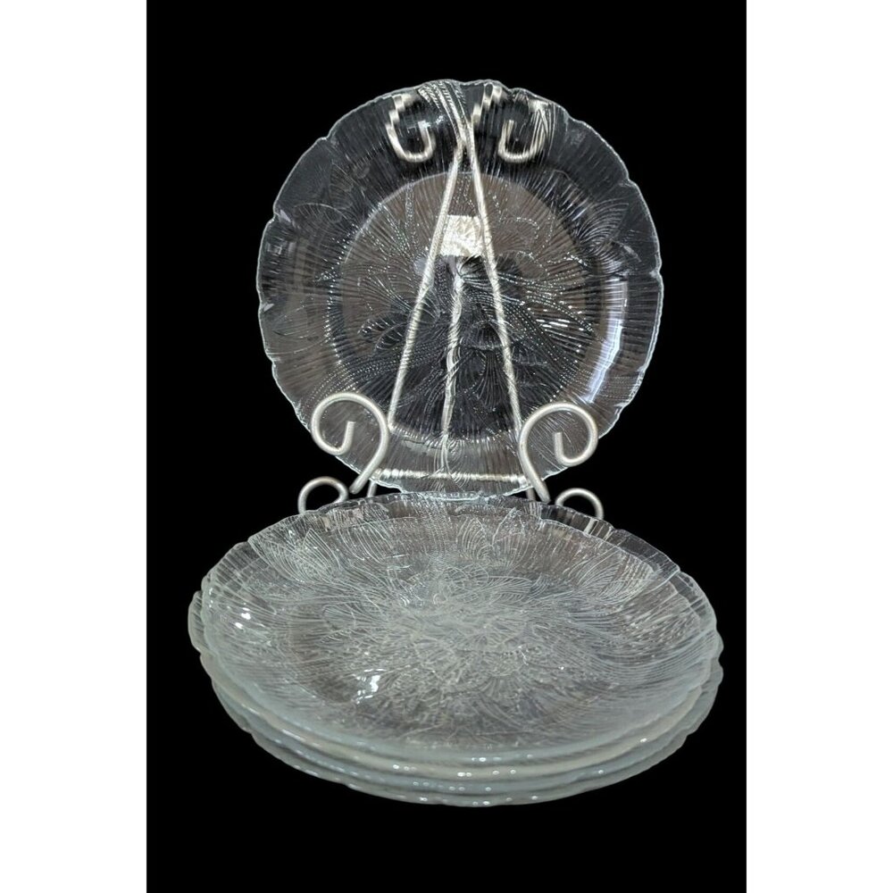 Vintage Arcoroc Fleur Clear Glass Salad Plates Set Of 5 Textured Floral Design‎